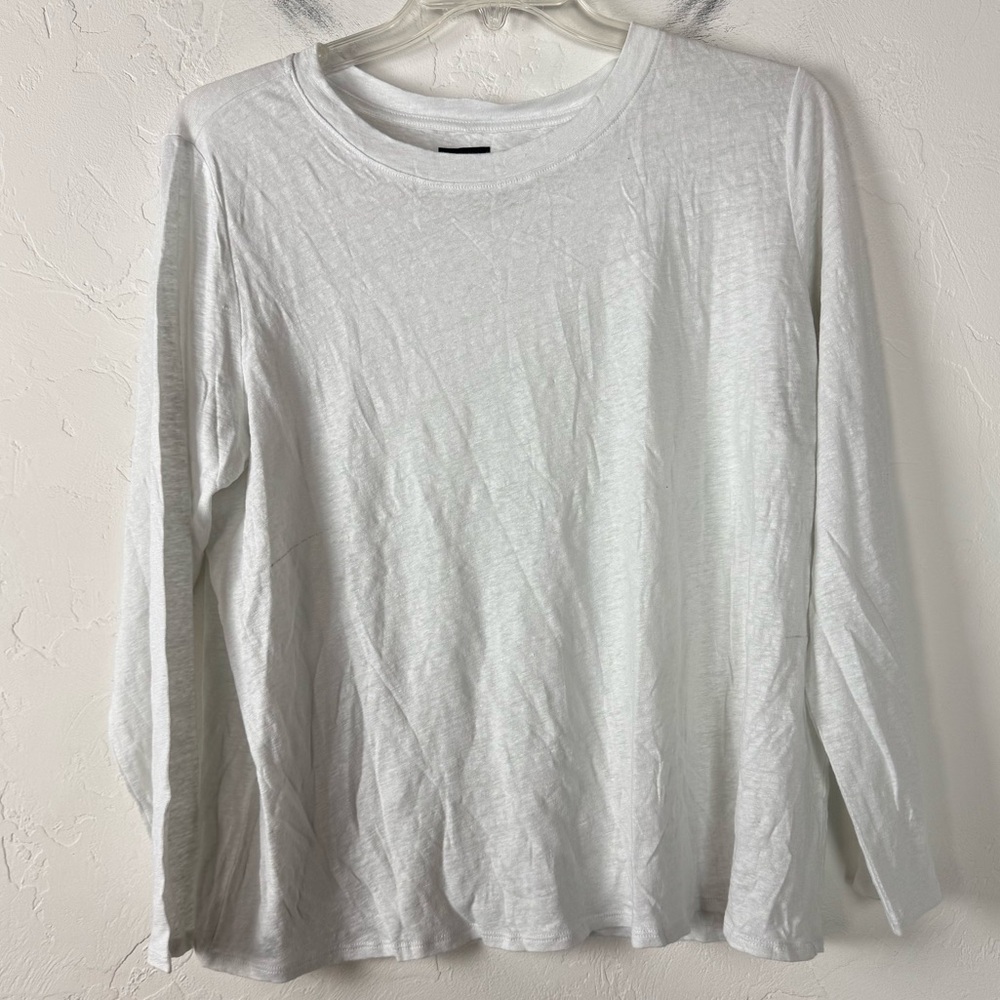 Eileen Fisher Shirt Knit Top‎ Tee Crew Neck Jersey Solid White Organic Linen
